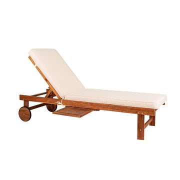 Seabrook Outdoor Acacia Wood Lounger with Cushion, 5-Position Back, Slide Table & Wheels - JONATHAN Y